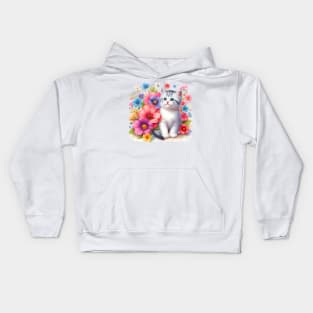 A cat decorated with beautiful colorful flowers. Kids Hoodie